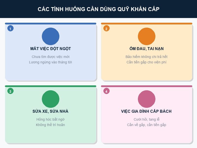 Bốn tình huống cần sử dụng quỹ khẩn cấp: mất việc, ốm đau tai nạn, sửa chữa nhà xe, việc gia đình cấp bách