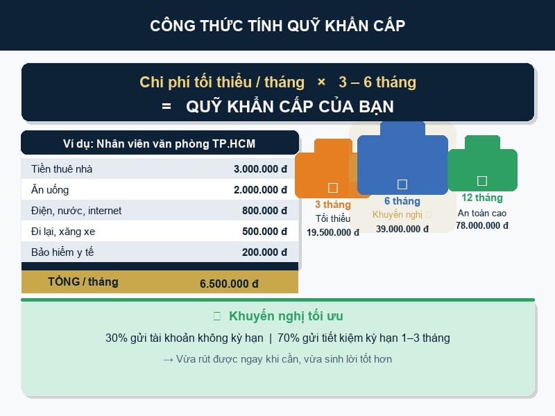 Công thức tính quỹ khẩn cấp: chi phí sinh hoạt tối thiểu nhân với 3-6 tháng, kèm ví dụ tính toán chi tiết