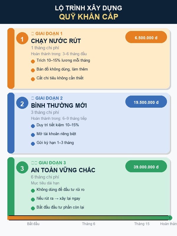Lộ trình xây dựng quỹ khẩn cấp 3 giai đoạn: từ quỹ 1 tháng lên 3 tháng và 6 tháng chi phí sinh hoạt